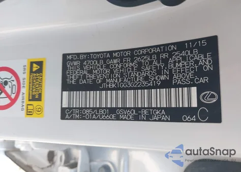 2016 Lexus Es 350 z USA, uszkodzony, nr VIN JTHBK1GG3G2235419